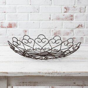 Vintage Wrought Iron Wire Heart Basket Scrolled Metal Bowl Centerpiece Bronze